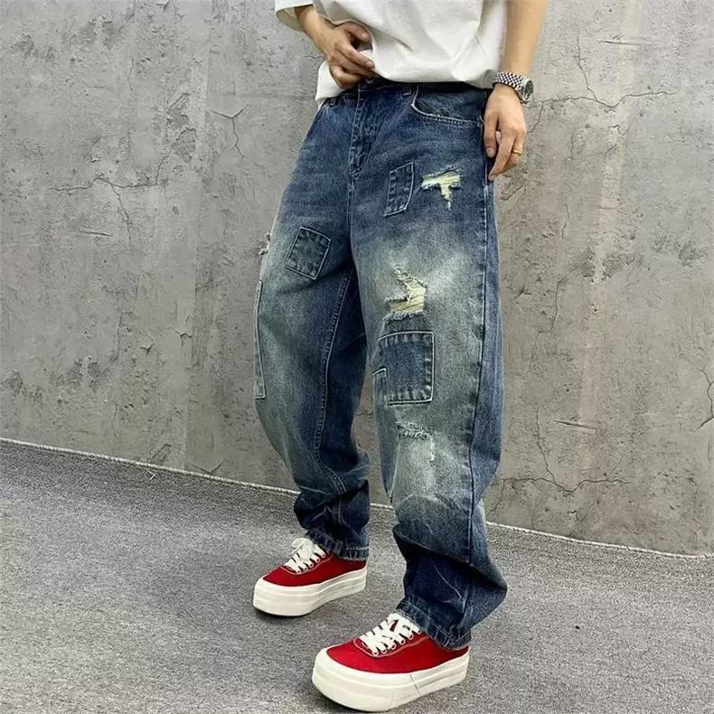 브랜드 스플라이싱 진 가을 패션 루즈 스트레이트 하렘  - Streetwear Brand Marketing 리뷰 및 가격